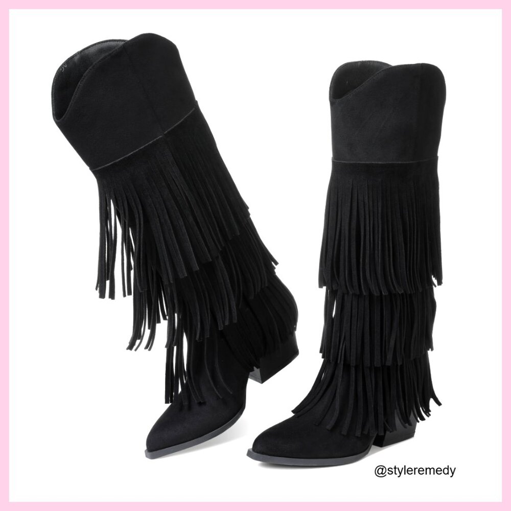 Retro Western Cowgirl Boots Pointed Toe Pull On Chunky Heel Fringe Suede